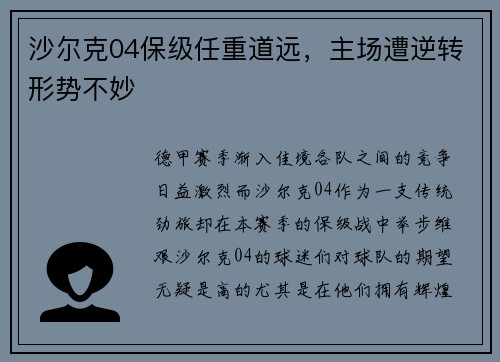沙尔克04保级任重道远，主场遭逆转形势不妙