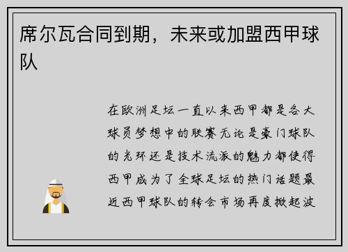 席尔瓦合同到期，未来或加盟西甲球队