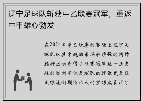 辽宁足球队斩获中乙联赛冠军，重返中甲雄心勃发