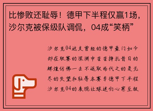 比惨败还耻辱！德甲下半程仅赢1场，沙尔克被保级队调侃，04成“笑柄”