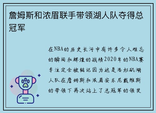 詹姆斯和浓眉联手带领湖人队夺得总冠军