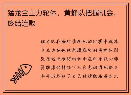 猛龙全主力轮休，黄蜂队把握机会，终结连败